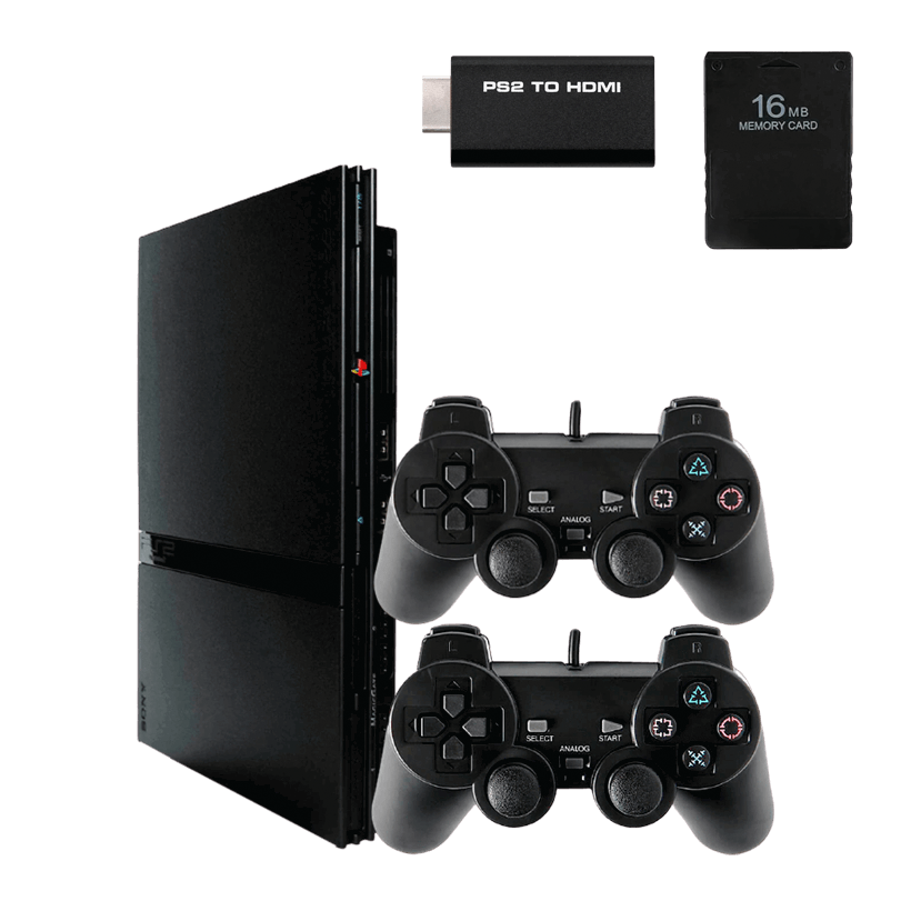 Набор Консоль Sony PlayStation 2 Slim SCPH-7xxx Chip Black Б/У  + Геймпад Проводной RMC Новый + Карта Памяти 16MB + Адаптер HDMI - Retromagaz