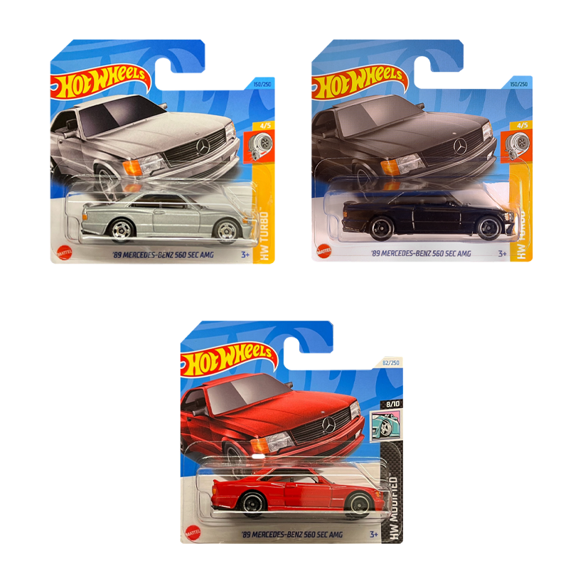Набір Машинка Базова Hot Wheels '89 Mercedes-Benz 560 SEC AMG Modified 1:64 HTB70 Red  + Машинка Базова Black + Машинка Базова Metallic Silver - Retromagaz
