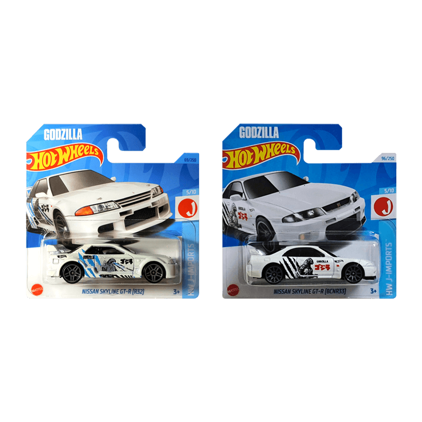 Набір Машинка Базова Hot Wheels Nissan Skyline GT-R R33 Godzilla J-Imports 1:64 HTC44 White  + Машинка Базова Godzilla Skyline GT-R (R32) - Retromagaz