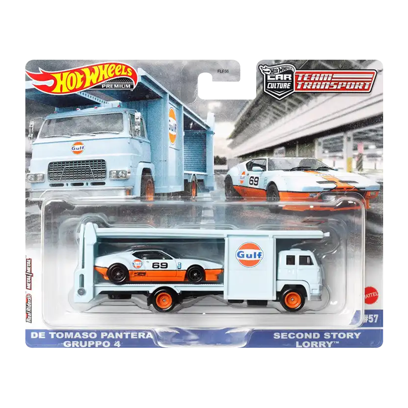 Машинка Premium 2шт Hot Wheels De Tomaso Pantera Gulf та Транспортер Second Story Lorry Team Transport 1:64 FLF56/HKF43 Blue - Retromagaz