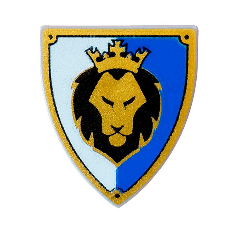 Оружие Lego Щит Triangular with Black and Gold Lion Head with Crown 3846pb036 6039770 Light Bluish Grey Б/У - Retromagaz