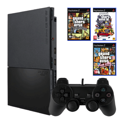 Набір Консоль Sony PlayStation 2 Slim SCPH-9xxx Europe Black Б/У  + Гра Grand Theft Auto: Vice City Англійська Версія + Гра Grand Theft Auto San Andreas Англійська Версія + Гра Grand Theft Auto III Англійська Версія - Retromagaz