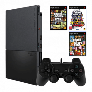 Набір Консоль Sony PlayStation 2 Slim SCPH-9xxx Europe Black Б/У  + Гра Grand Theft Auto: Vice City Англійська Версія + Гра Grand Theft Auto San Andreas Англійська Версія + Гра Grand Theft Auto III Англійська Версія