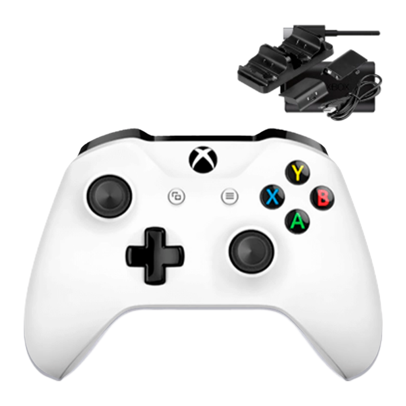 Набір Геймпад Бездротовий Microsoft Xbox One Version 2 White Б/У  + Зарядний Пристрій Dobe + Акумулятори Black Новий - Retromagaz