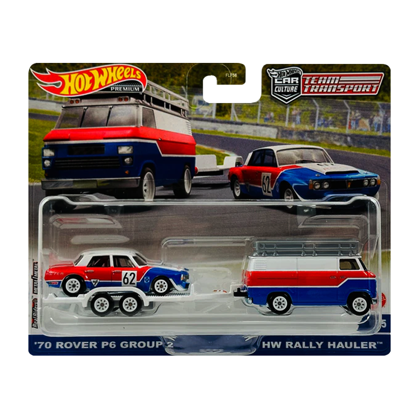 Машинка Premium 2шт Hot Wheels '70 Rover P6 Group 2 та Транспортер HW Rally Hauler Team Transport 1:64 FLF56/HKF45 Red - Retromagaz