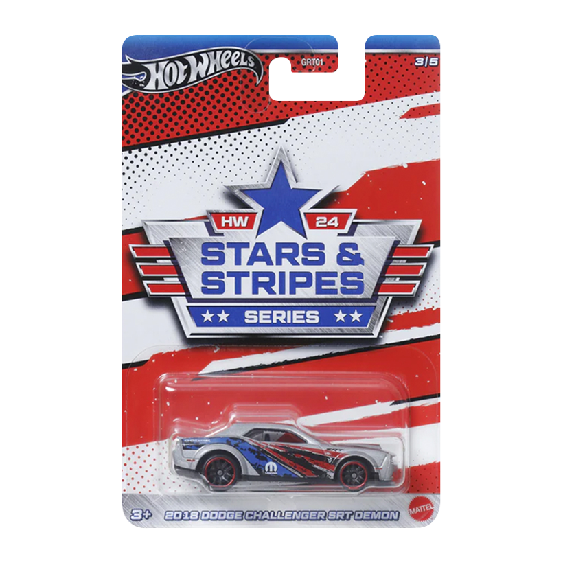 Тематическая Машинка Hot Wheels '18 Dodge Challenger SRT Demon Stars & Stripes 1:64 HRW64 Silver - Retromagaz