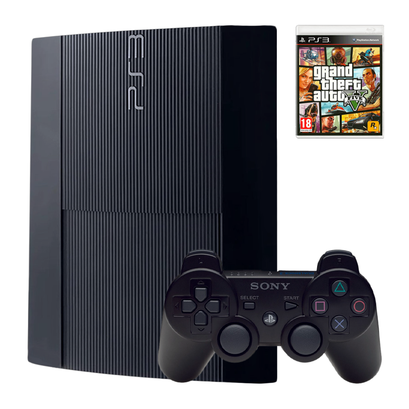 Набір Консоль Sony PlayStation 3 Super Slim 500GB Black Б/У  + Геймпад Бездротовий DualShock 3 + Гра Grand Theft Auto V Російські Субтитри - Retromagaz