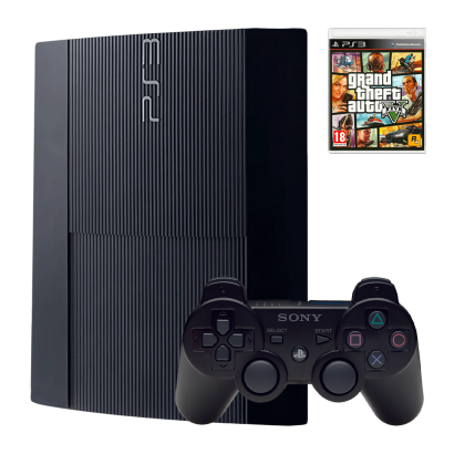 Набор Консоль Sony PlayStation 3 Super Slim 500GB Black Б/У  + Геймпад Беспроводной DualShock 3 + Игра Grand Theft Auto V Русские Субтитры - Retromagaz