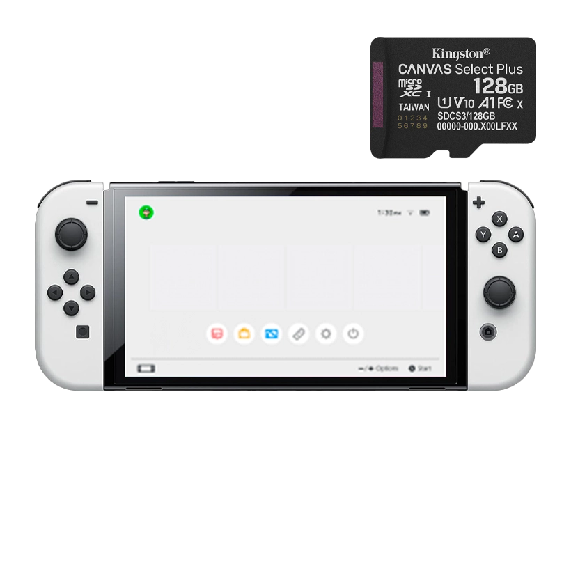 Набор Консоль Nintendo Switch OLED Model HEG-001 64GB White Б/У + Карта памяти Canvas Select Plus UHS-I U3 V30 A1 SD Adapter 128GB - Retromagaz