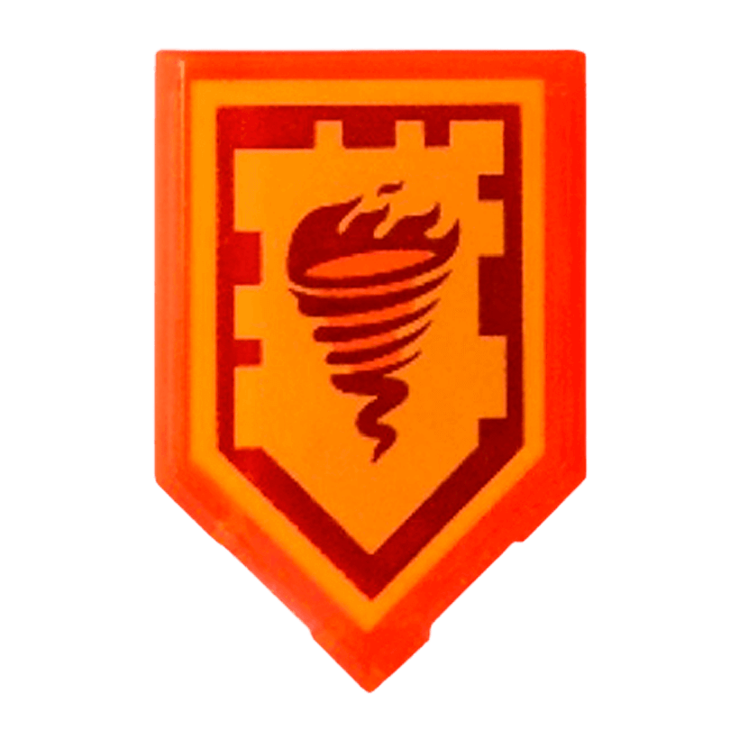 Плитка 4шт Lego Модифікована Декоративна Pentagonal Nexo Power Shield Pattern Fire Tornado 2 x 3 22385pb041 6133150 Trans-Neon Orange Б/У - Retromagaz