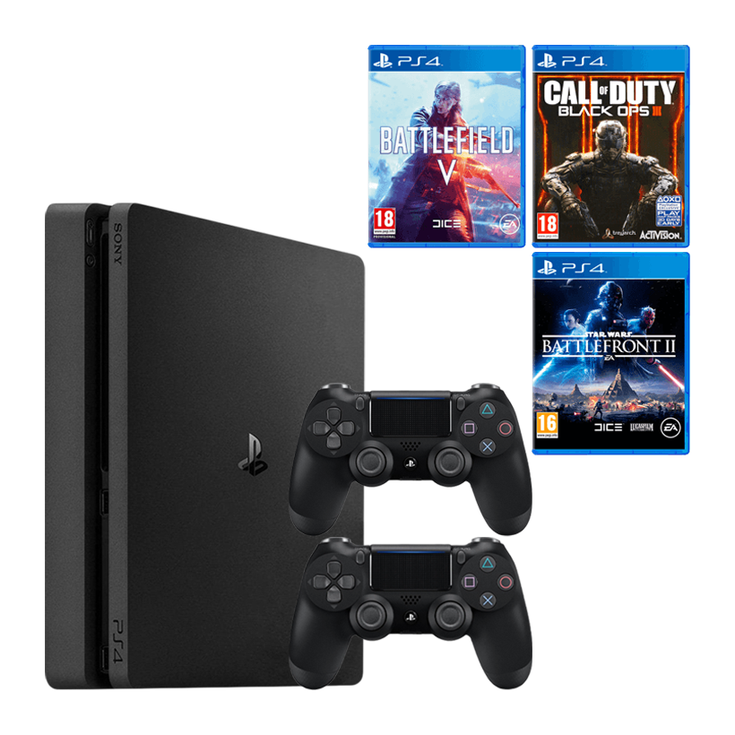 Набір Консоль Sony PlayStation 4 Slim 500GB Black Б/У + Геймпад Бездротовий DualShock 4 Version 2 + Гра Star Wars: Battlefront II Російські Субтитри + Гра Call of Duty: Black Ops III Російська Озвучка + Гра Battlefield V Російські Субтитри - Retromagaz