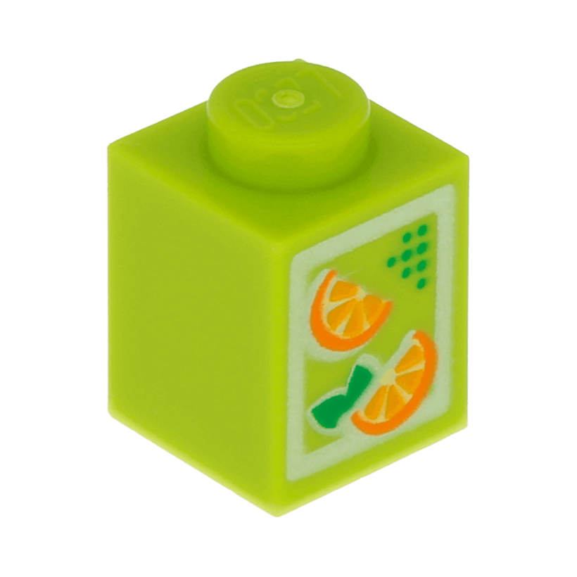 Кубик Lego Обычная Декоративная Oranges Pattern Juice Carton 1 x 1 3005pb017 4622047 Lime Б/У - Retromagaz