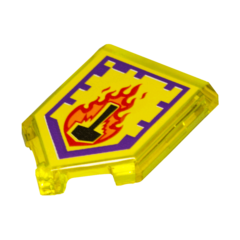 Плитка 4шт Lego Модифікована Декоративна Pentagonal Nexo Power Shield Pattern Flame Wreck 2 x 3 22385pb047 6133669 Trans-Yellow Б/У - Retromagaz