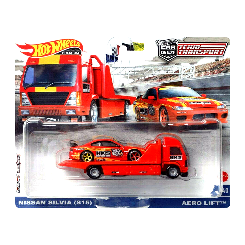 Машинка Premium 2шт Hot Wheels Nissan Silvia (S15) та Транспортер Aero Lift Team Transport 1:64 FLF56/HCR35 Red - Retromagaz