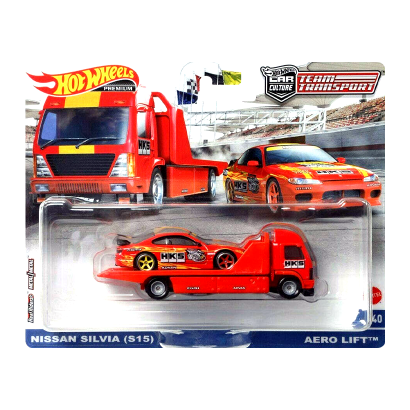 Машинка Premium Hot Wheels Nissan Silvia (S15) та Транспортер Aero Lift Team Transport 1:64 FLF56/HCR35 Red 2шт - Retromagaz