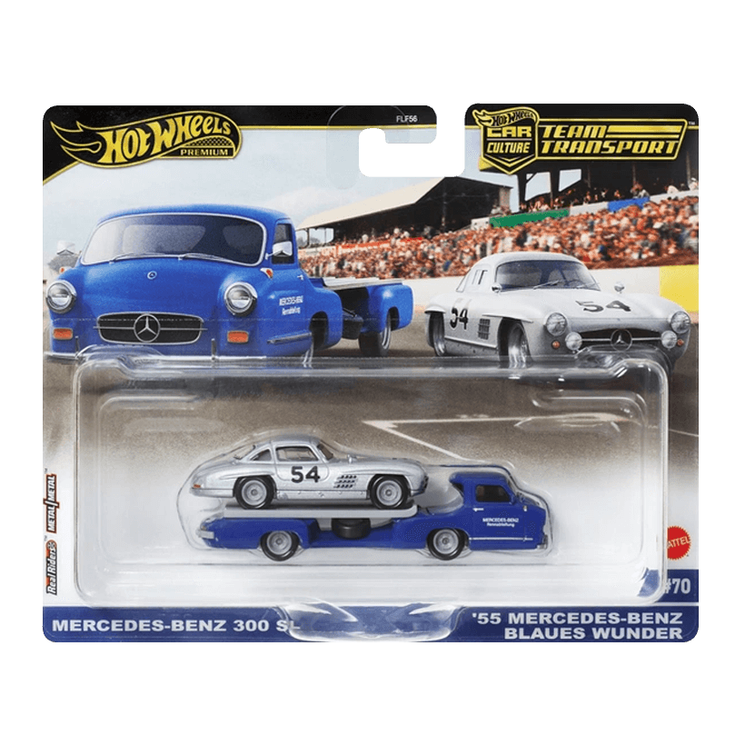 Машинка Premium 2шт Hot Wheels Mercedes-Benz 300 SL та Транспортер '55 Blaues Wunder Team Transport 1:64 HRV48 Silver - Retromagaz