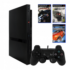 Набор Консоль Sony PlayStation 2 Slim SCPH-7xxx Europe Black Б/У  + Игра Need for Speed ProStreet Английская Версия + Need for Speed: Carbon + Need for Speed: Underground