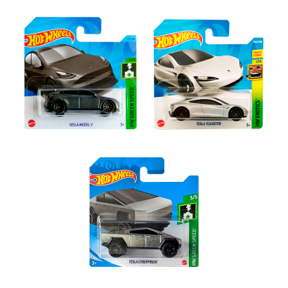 Набор Машинка Базовая Hot Wheels Tesla Model Y HKK20 Metallic Silver + Roadster HCV04 + Cybertruck GTB22 - Retromagaz