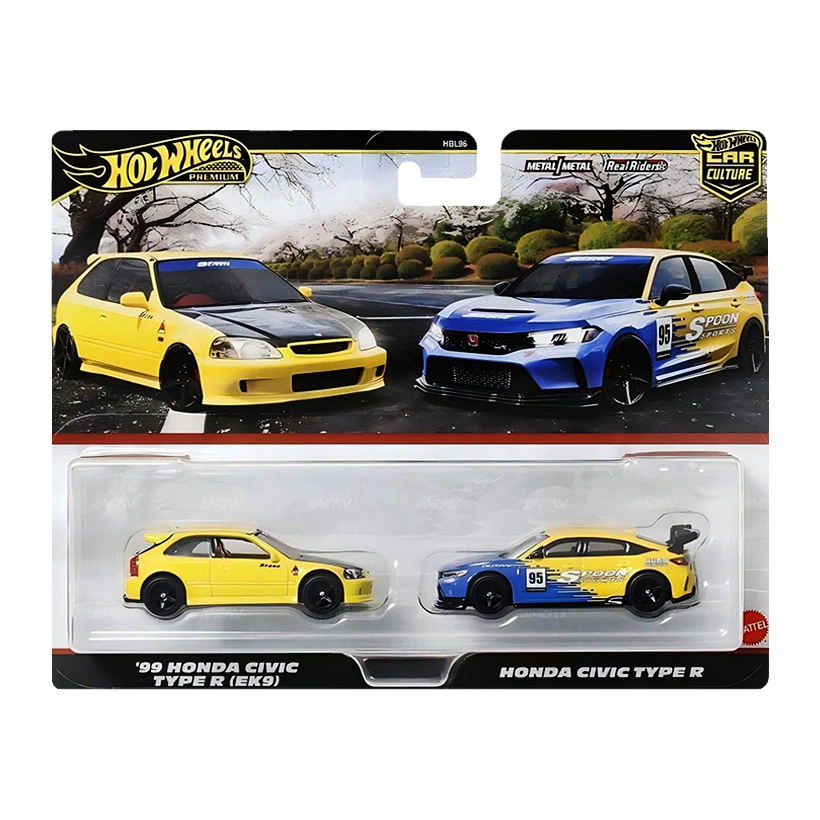 Машинка Premium 2шт Hot Wheels '99 Honda Civic Type R (EK9) / '24 Spoon 2-Packs 1:64 JBL00 HBL96 Yellow - Retromagaz