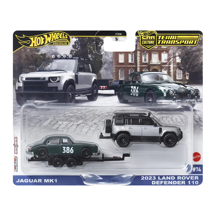 Машинка Premium 2шт Hot Wheels 2023 Land Rover Defender 110 / Jaguar Mk1 та Транспортер Rally Trailer Team Transport 1:64 JBM29 Silver - Retromagaz