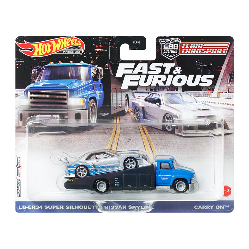 Машинка Premium 2шт Hot Wheels LB-ER34 Super Silhouette Nissan Skyline та Транспортер Carry On Fast & Furious Team Transport 1:64 HPX97 Silver - Retromagaz