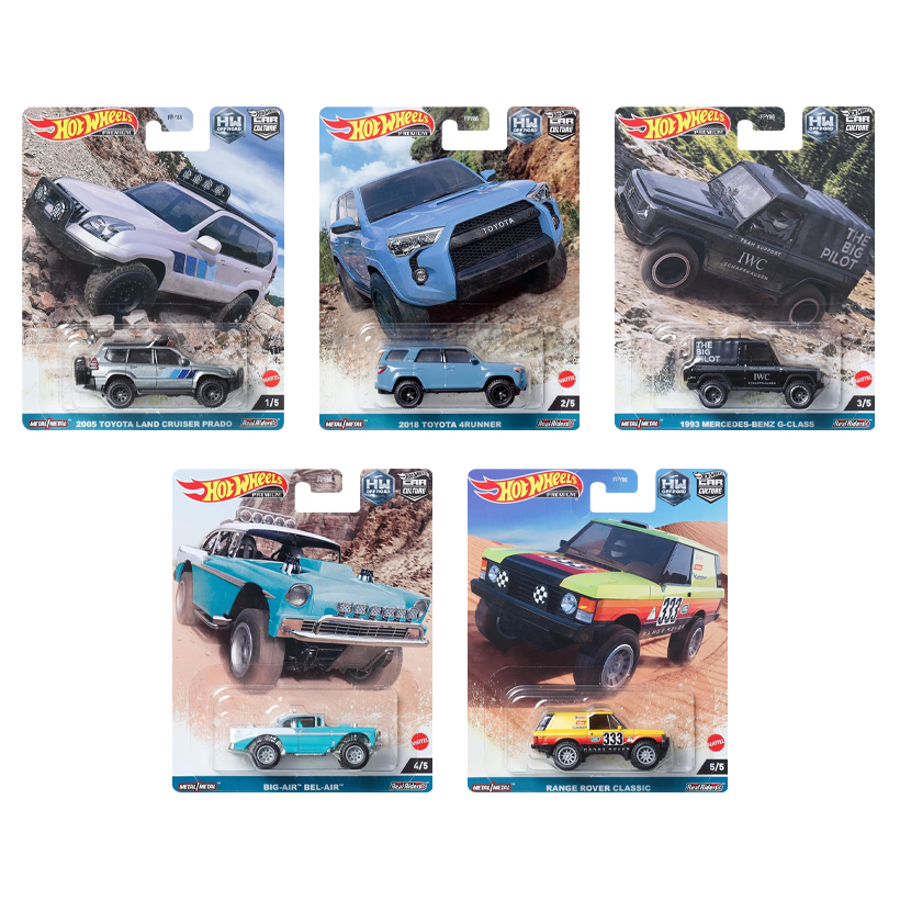Набір Машинка Premium Hot Wheels 2005 Toyota Land Cruiser Prado Off-Road 1:64 HKC70 Grey  + 2018 4Runner Blue + 1993 Mercedes-Benz G-Class Black + Chevrolet Big-Air Bel-Air Light Blue + Range Rover Classic Yellow - Retromagaz