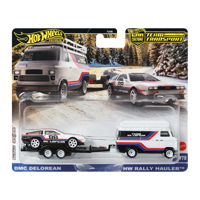 Машинка Premium 2шт Hot Wheels DMC DeLorean и Транспортер HW Rally Hauler Team Transport 1:64 JBM35 White - Retromagaz