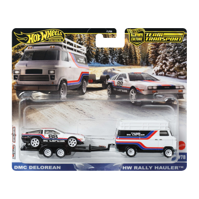 Машинка Premium 2шт Hot Wheels DMC DeLorean и Транспортер HW Rally Hauler Team Transport 1:64 JBM35 White - Retromagaz