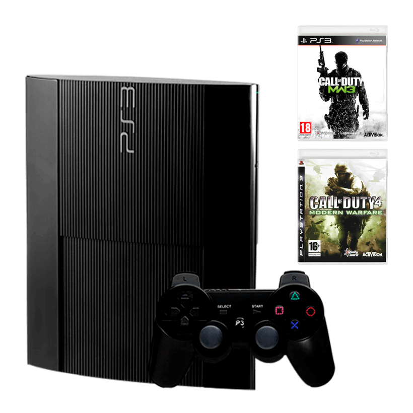 Набір Консоль Sony PlayStation 3 Super Slim 500GB Black Б/У + Гра Call of Duty Modern Warfare 3 Англійська Версія + Гра Call of Duty 4 Modern Warfare Англійська Версія - Retromagaz
