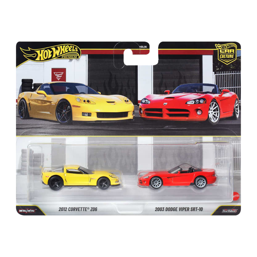 Машинка Premium 2шт Hot Wheels 2012 Corvette Z06 /2003 Dodge Viper SRT-10 2-Packs 1:64 JHW54 Yellow - Retromagaz