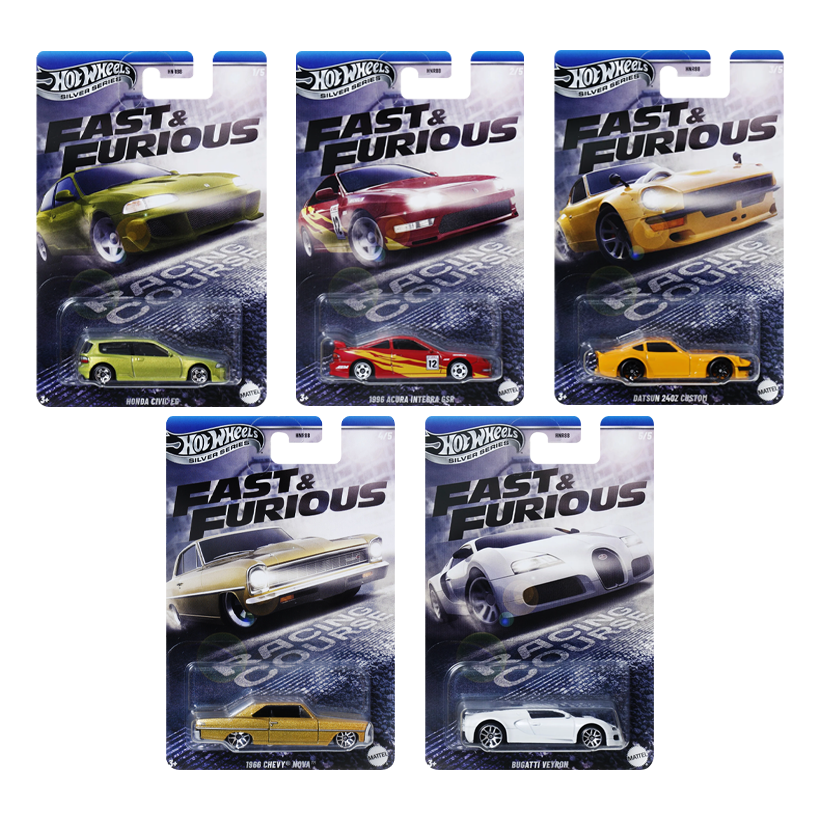 Набір Тематична Машинка Hot Wheels Bugatti Veyron Fast & Furious 1:64 JBY43 White  + Тематична Машинка 1996 Acura Integra GSR Red + Тематична Машинка Datsun 240Z Custom Yellow + Тематична Машинка Honda Civic EG Green + Тематична Машинка 1966 Chevy Nova Go - Retromagaz