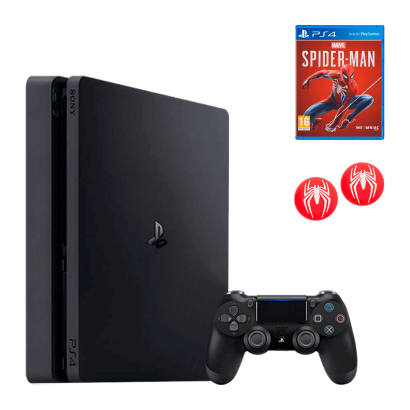 Набор Консоль Sony PlayStation 4 Slim 500GB Black Standart Новый + Игра Marvel's Spider-Man + Накладки на Стики Spider-Man - Retromagaz