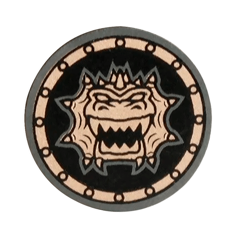 Оружие Lego Щит Round Flat with Gold Dragon Head with Jagged Teeth Pattern 59231pb04 4668452 Pearl Dark Grey Б/У - Retromagaz