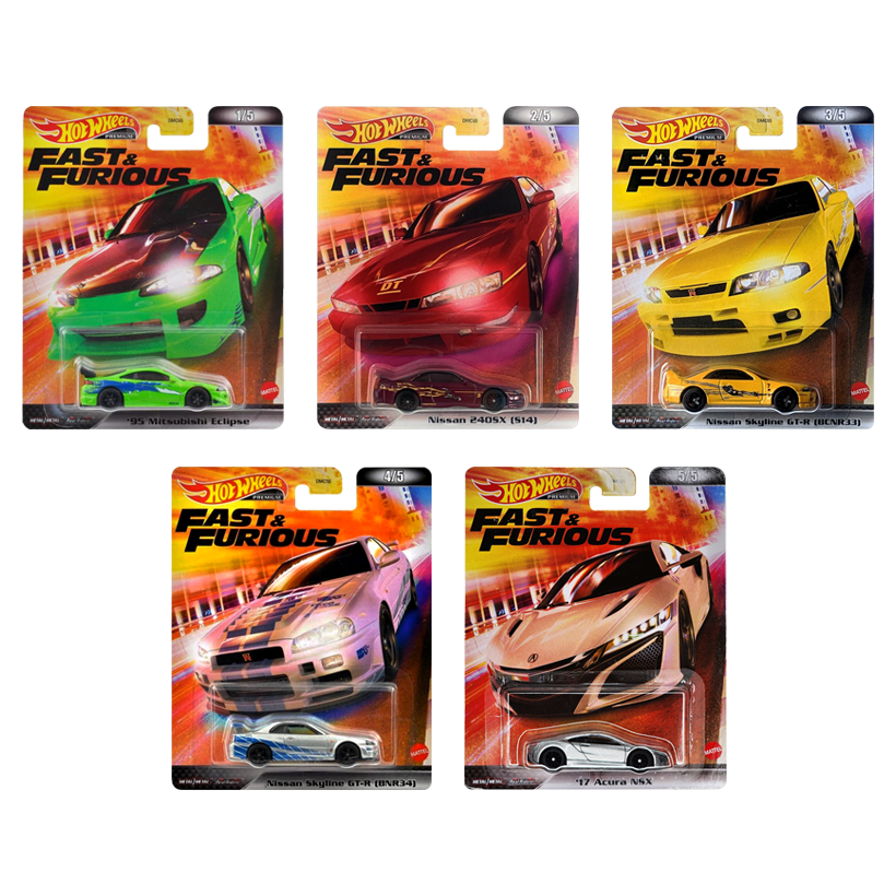 Набір Машинка Premium Hot Wheels Mitsubishi '95 Mitsubishi Eclipse Fast & Furious 1:64 HCP29 Green  + Nissan 240SX (S14) Dark Red + Skyline GT-R (BNR34) Silver + '17 Acura NSX + Nissan Skyline GT-R (BCNR33) Yellow - Retromagaz