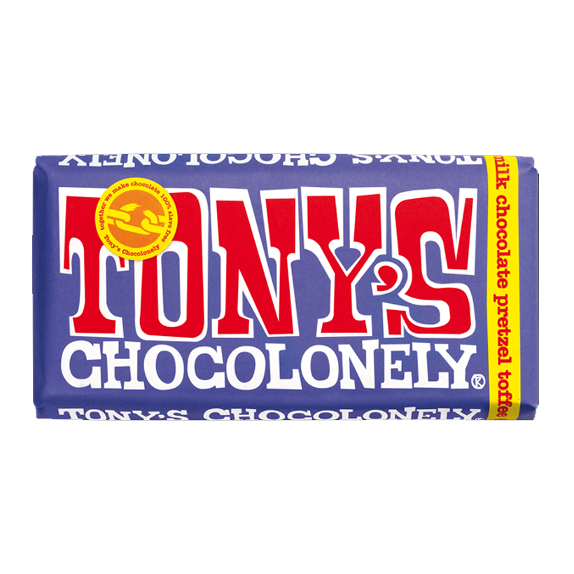 Шоколад Молочный Tony's Темный с Кусочками Кренделей и Ирисками Toffee 42% 180g - Retromagaz