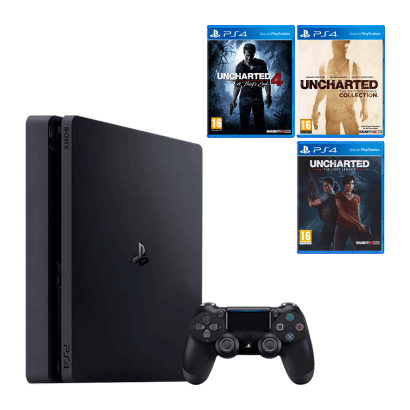 Набор Консоль Sony PlayStation 4 Slim 500GB Black Новый + Uncharted The Nathan Drake Collection + Uncharted 4 A Thief's End + Uncharted Lost Legacy - Retromagaz