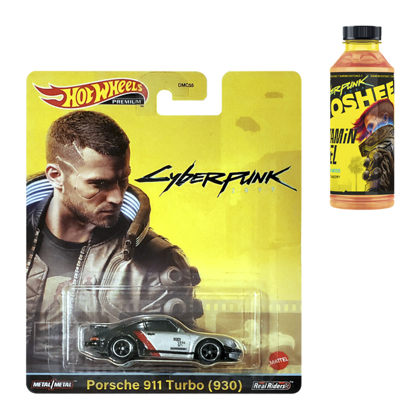 Набор Машинка Premium Hot Wheels Porsche Cyberpunk 2077 Porsche 911 Turbo (930) Rep. Entertainment 1:64 HCP04 Grey  + Напиток Cyberpunk Vitamin Fuel Peach & Strawberry - Retromagaz