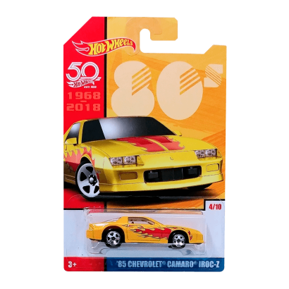 Тематическая Машинка Hot Wheels '85 Chevrolet Camaro IROC-Z 50th Anniversary Throwback FRF35 Yellow Новый - Retromagaz