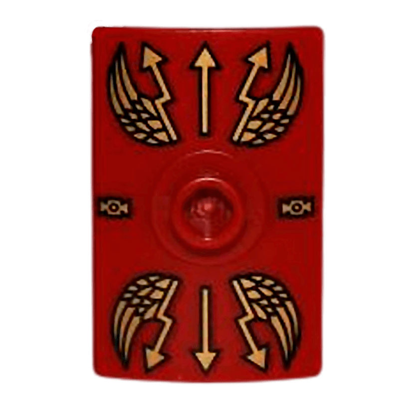 Зброя Lego Щит Rectangular Curved with Stud with Gold Lightning Wings 98367pb01 col06-10 4652103 Dark Red Б/У - Retromagaz