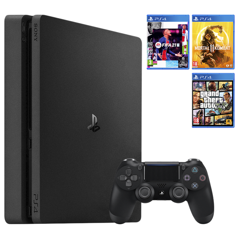 Набор Консоль Sony PlayStation 4 Slim 500GB Black Без Геймпада Б/У  + Игра Grand Theft Auto V Русские Субтитры + Mortal Kombat 11 + FIFA 21 Русская Озвучка - Retromagaz