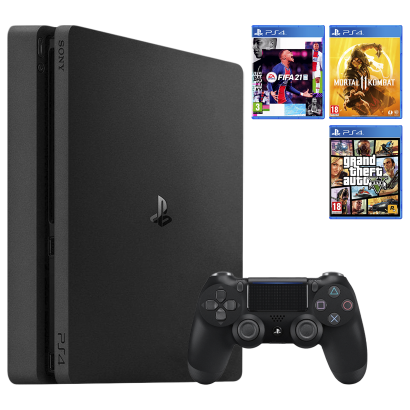 Набір Консоль Sony PlayStation 4 Slim 500GB Black Б/У  + Гра Grand Theft Auto V Російські Субтитри + Гра Mortal Kombat 11 Російські Субтитри + Гра FIFA 21 Російська Озвучка - Retromagaz