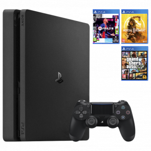 Набір Консоль Sony PlayStation 4 Slim 500GB Black Б/У  + Гра Grand Theft Auto V Російські Субтитри + Гра Mortal Kombat 11 Російські Субтитри + Гра FIFA 21 Російська Озвучка