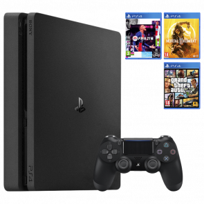 Набор Консоль Sony PlayStation 4 Slim 500GB Black Б/У  + Игра Grand Theft Auto V Русские Субтитры + Mortal Kombat 11 + FIFA 21 Русская Озвучка - Retromagaz