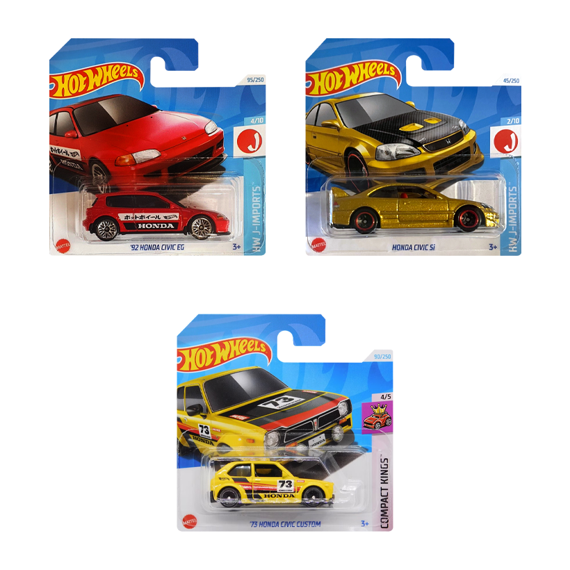 Набір Машинка Базова Hot Wheels Honda Civic Si J-Imports 1:64 HTC41 Gold  + Машинка Базова '92 Civic EG Red + Машинка Базова '73 Civic Custom Yellow - Retromagaz