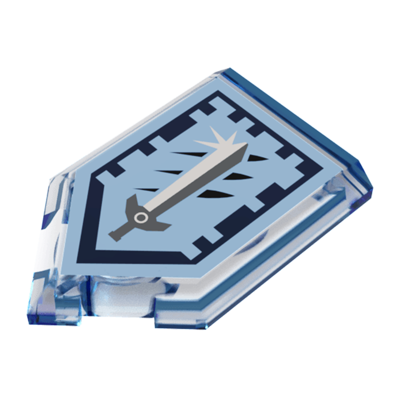 Плитка 4шт Lego Модифицированная Декоративная Pentagonal with Nexo Power Shield Pattern Titanium Sword 2 x 3 22385pb100 6171885 Trans-Dark Blue Б/У - Retromagaz
