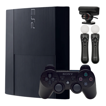 Набір Консоль Sony PlayStation 3 Super Slim 500GB Black Б/У  + Геймпад Бездротовий DualShock 3 + Камера Дротовий + Контролер Move 2шт - Retromagaz
