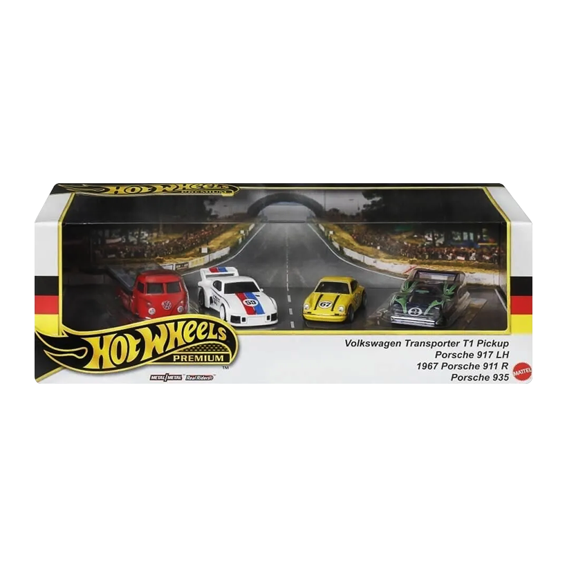 Машинка Premium 4шт Hot Wheels Porsche Porsche 935 / 1967 911 R / 917 LH / Volkswagen Transporter T1 Diorama 1:64 HRT54 White - Retromagaz