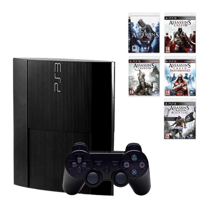 Набір Консоль Sony PlayStation 3 Super Slim 500GB Black Без Геймпада Б/У  + Гра Assassin's Creed 2 Англійська Версія + Гра Assassin's Creed 3 Англійська Версія + Гра Assassin's Creed Англійська Версія + Гра Assassin's Creed 4 Black Flag Англійська Версія  - Retromagaz