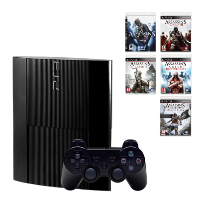 Набор Консоль PlayStation 3 Super Slim 500GB Black Б/У + Сборник Игр Assassin's Creed (1+ 2 + 3 + 4 Black Flag + Brotherhood) - Retromagaz