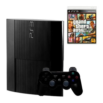 Набір Консоль Sony PlayStation 3 Super Slim 500GB Black Б/У  + Гра Grand Theft Auto V Російські Субтитри - Retromagaz